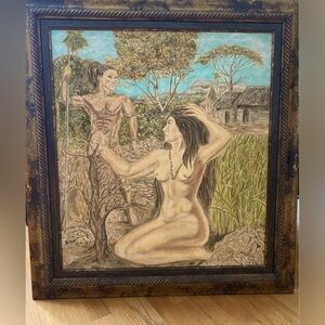 Painting Original Primitive Nature signed by artist - 32” x 37” with wood frame